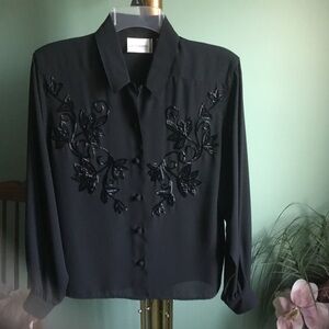 Ladies Black Beaded Blouse by Liz Claiborne - Classic Style - Size 6P - EUC